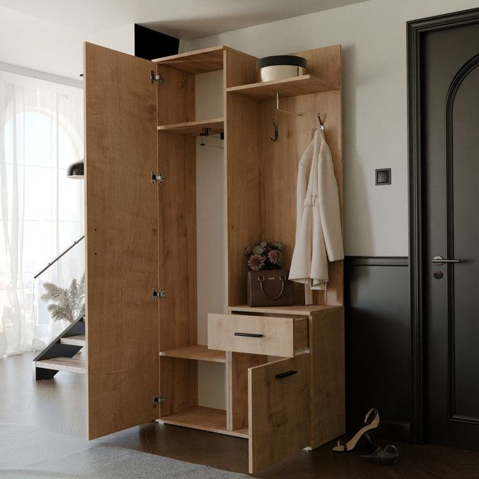 LEA Kleiderschrank mit Spiegel – Garderobenständer mit Haken und Schublade – Handgefertigte Eiche – 97 x 30 x 195 cm