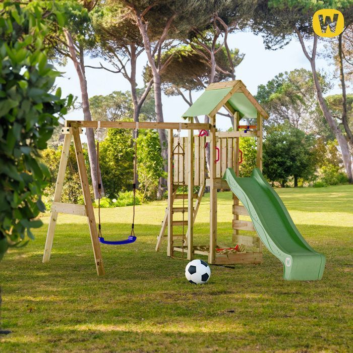 Torre de juegos de madera WICKEY MultiFlyer con columpio, tobogán antracita de 220 cm y arenero integrado – 10 años de garantía*