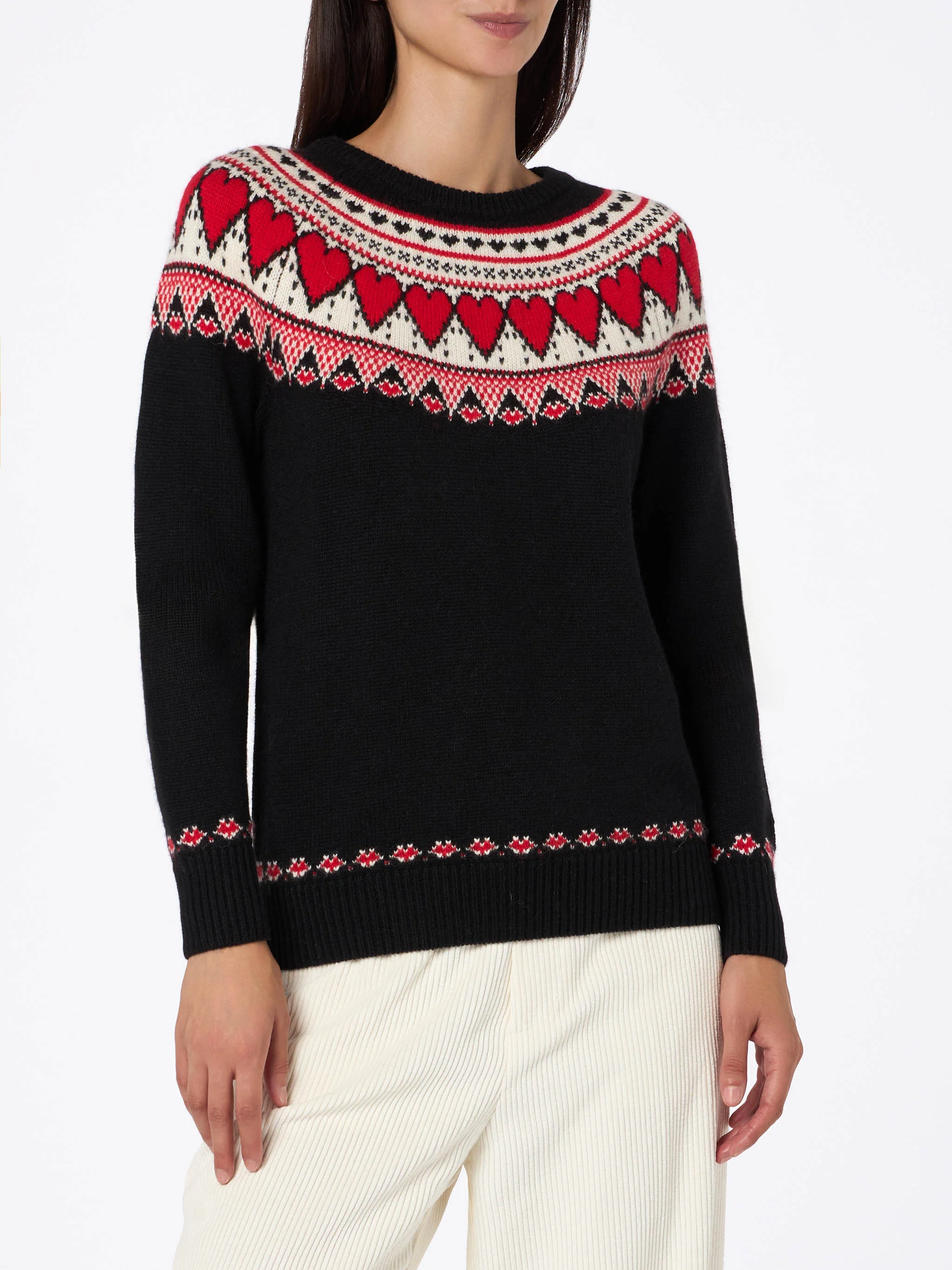 Neuer schwarzer Fair-Isle-Herzprint-Pullover von New Queen für Damen