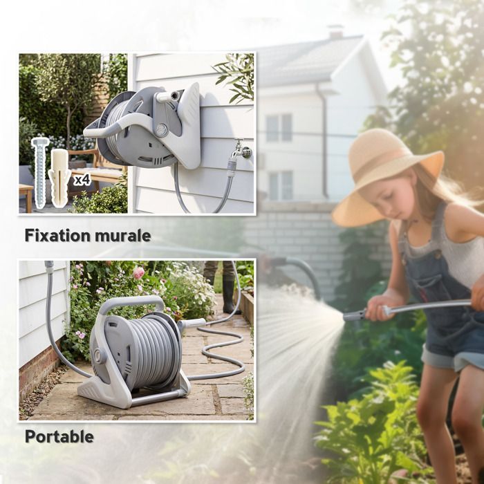 Enrollador de manguera de jardín de pared de 20+2 m x Ø 15 mm, dispensador de manguera de agua portátil, boquilla de 2 modos, gris