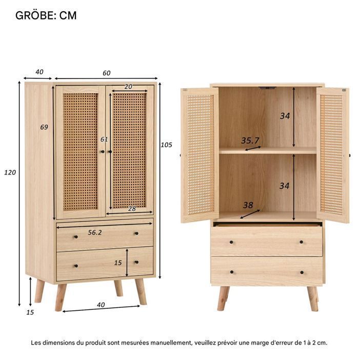 Chest of drawers - NEXU - Scandinavian storage unit - Sideboard with 2 doors and 2 drawers - 60 x 40 x 120 cm - Wood color