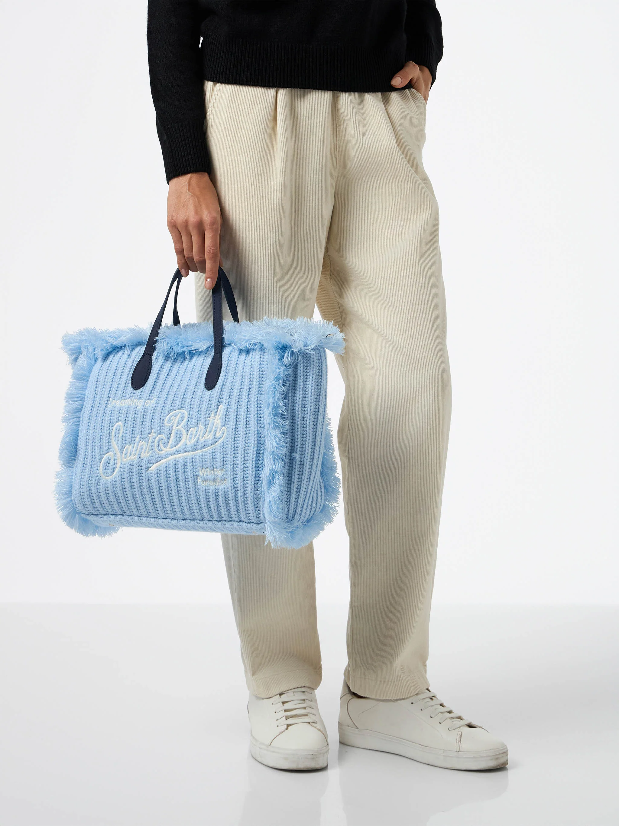 Colette tas van blauwe ribgebreide stof met logo-borduurwerk