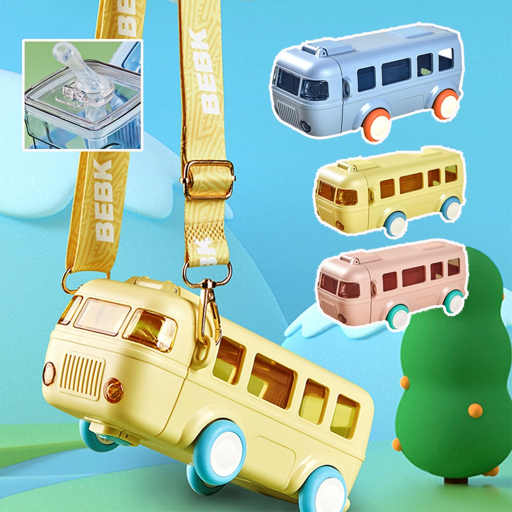 Botella de agua de 500 ml para niños, vaso con pajita, taza con diseño de oso Kawaii, ideal para deportes al aire libre en verano, de plástico, con forma de autobús. Taza para beber adorable.