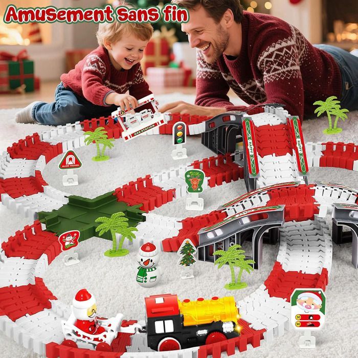 Circuit Voiture Enfant Jouet Noël, MARSEE 233 Pièces Pistes Flexibles avec Train Électrique, Cadeau de Noël pour Garçons 3-8 Ans
