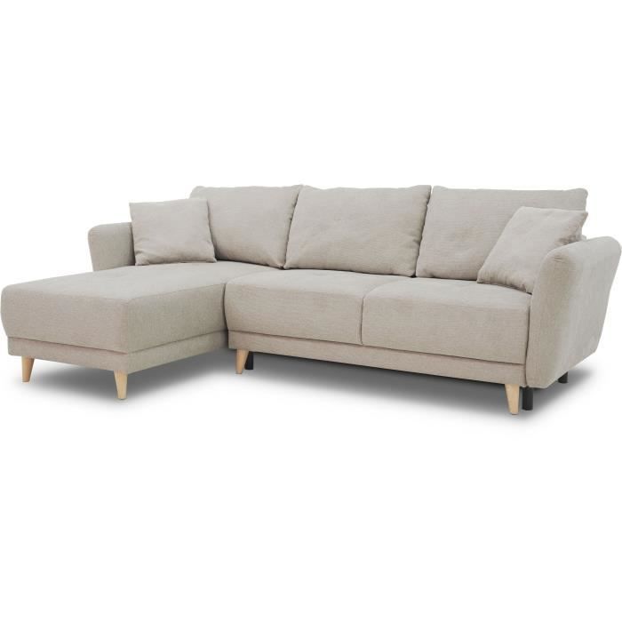 Divano letto angolare reversibile CLAUDIUS a 3-4 posti - Tessuto beige - Vano contenitore - L 244 x P 158 x H 95 cm