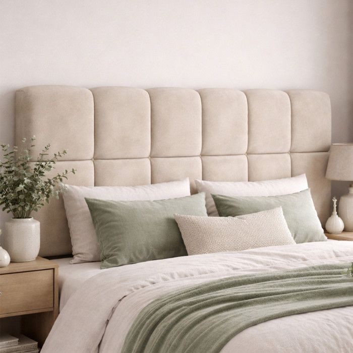 IDMARKET Tête de lit suspendue matelassée NUAGE velours beige 160 cm