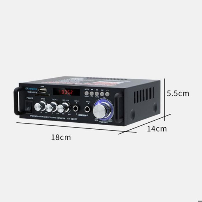 Amplificador de audio estéreo HiFi con entrada para tarjeta SD, radio FM y Bluetooth, 12V/220V, 300W + 300W