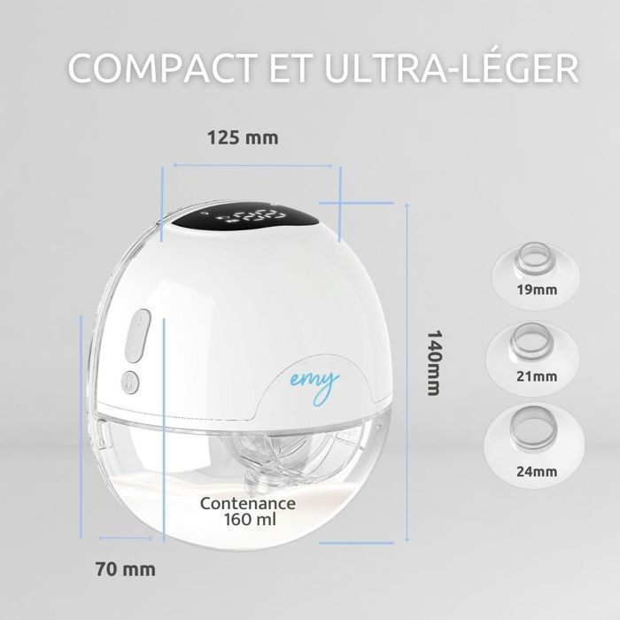 Emy Pump - Tire Lait Électrique Main Libre  | 6 tailles de Téterelles Incluses| silencieux et discret | Portable sans fil Autonome