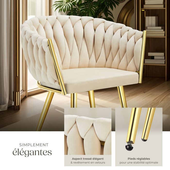 Chairs - TECTAKE - Set of 4 ASTANO dining chairs in knotted designer velvet with slim steel legs - Sand/Gold