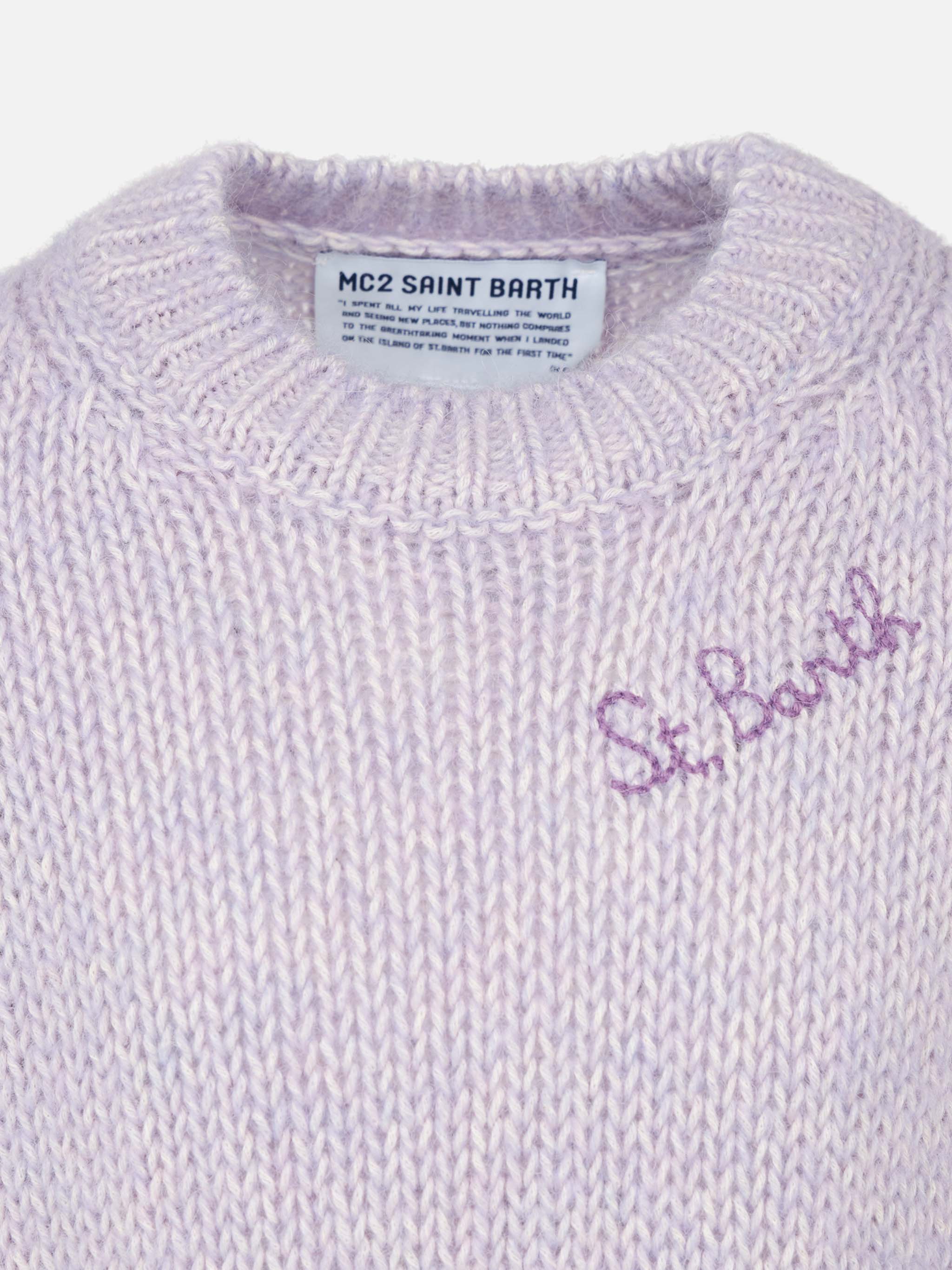 Maglia da bambina girocollo morbida lilla con ricamo St. Barth
