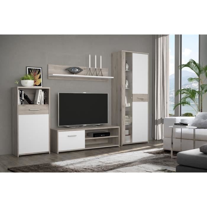 Conjunto de mueble para TV GULADA - Aparador de 170 cm - Mesa de comedor de 160 cm - Estilo contemporáneo - Acabado en blanco y roble