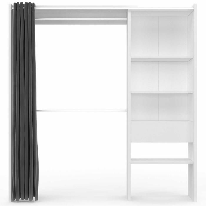 IDMARKET Dressing extensible MARTY 120/170 x 50 x 180 cm blanc avec étagères + double penderie + rideau gris