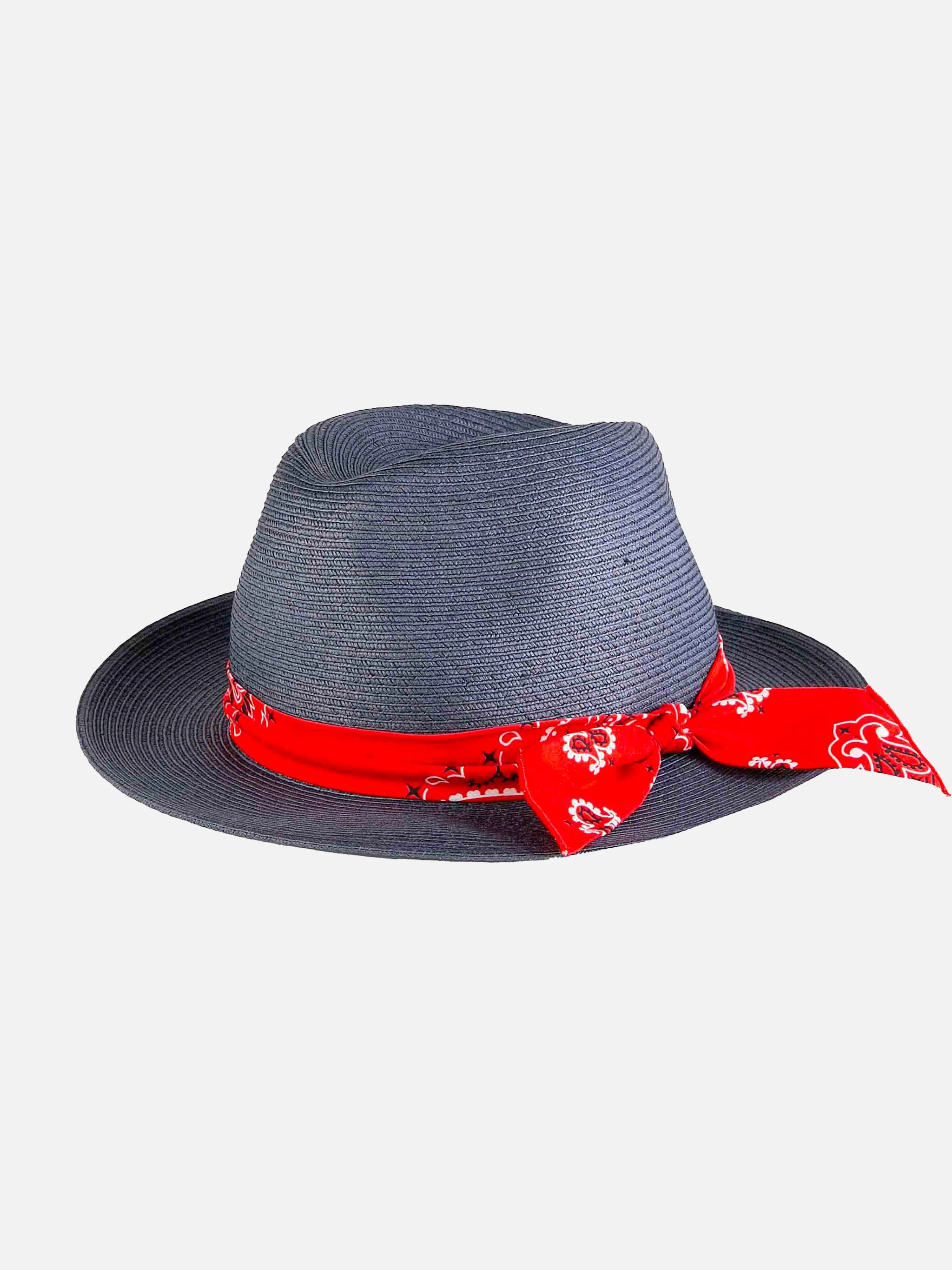 Blauwe jeansmuts van papiervezel met bandana-print.