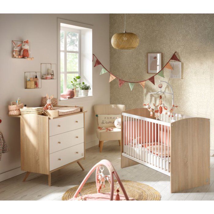 Conjunto de habitación infantil: cuna de 120 x 60 cm + cómoda de 3 cajones - Acceso - Roble dorado/Madera blanca - SAUTHON