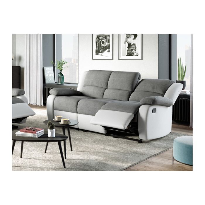 Sofá reclinable de 3 plazas LEO en microfibra y piel sintética - Blanco y gris - 193 x 93 x 96 cm - LOUNGITUDE
