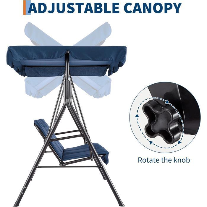HOLA - Columpio de jardín independiente para 3 personas con toldo impermeable ajustable para jardín y patio - Carga máxima 210 kg - AZUL