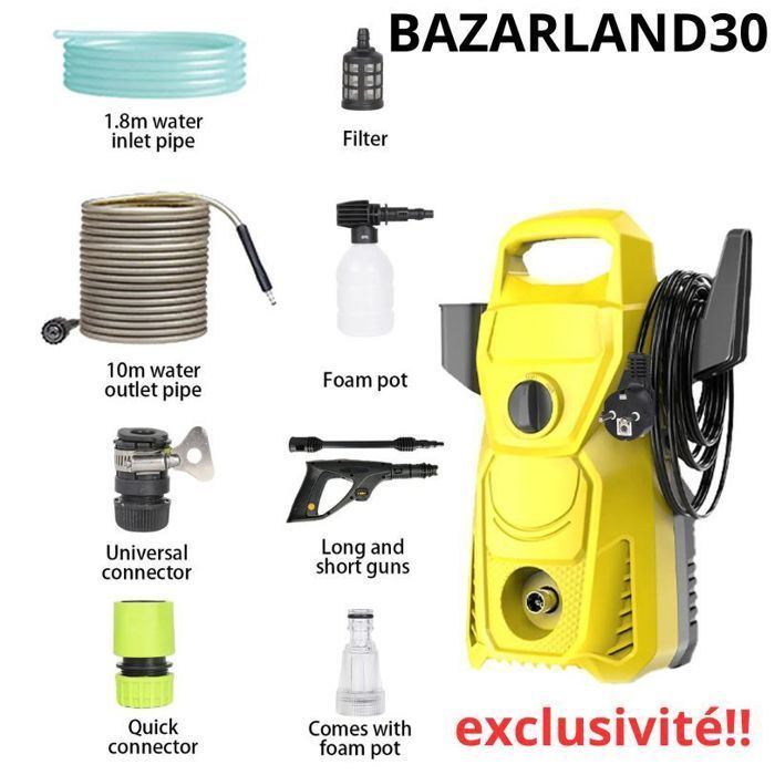 BAZARLAND30. Limpiadora eléctrica de alta presión de 1500 W y 135 bares con manguera de agua de 10 m y boquilla ajustable para la limpieza de automóviles.