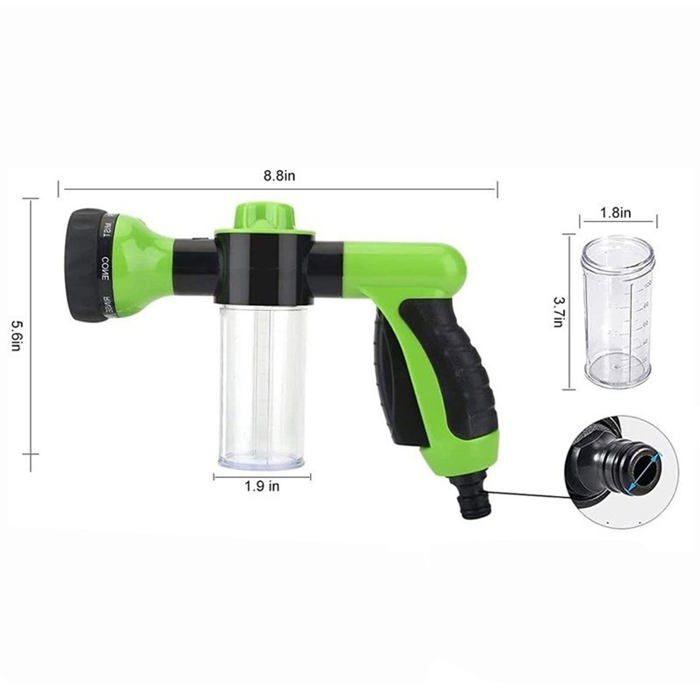 Pistola per irrigazione verde a 8 modalità - doccia da giardino con dispenser di sapone, 3 livelli di schiuma, attacco da 12 mm