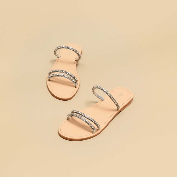 Mules à brides  en cuir et strass argent