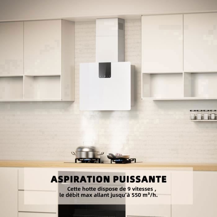 FIREGAS Hotte aspirante 60cm,Moteur Brushless,Économie d'énergie,9 Vitesses,550 m³/h,Blanc,Classe énergétique A+