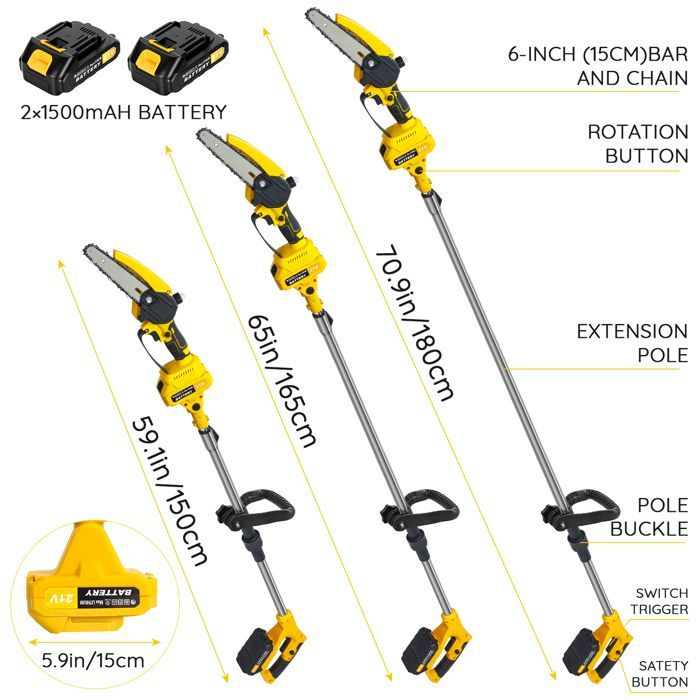 Tronçonneuse sur perche 21V lithium 2 outils en 1 scie et elagueur livree avec 2 batteries et chargeur rapide