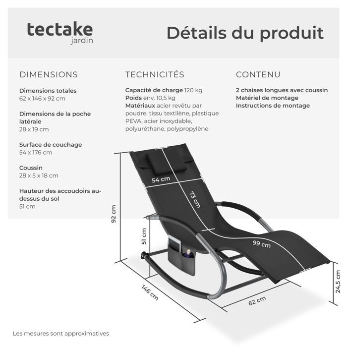 Lettini prendisole - TECTAKE - Set di 2 sedie da giardino ergonomiche TAYA con funzione dondolo e braccioli curvi - Nero