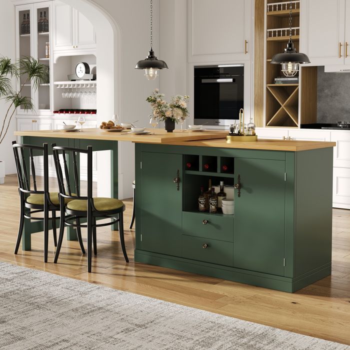Îlot de Cuisine Extensible 120-180 cm avec Rangement et Porte-Bouteilles, Table de Repas Pivotante 360°, Table Haute, Vert