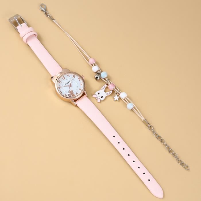 Conjunto de regalo SHARPHY para niñas: reloj de cuarzo, correa de piel con diseño de gato, resistente al agua, bonito y moderno color rosa.