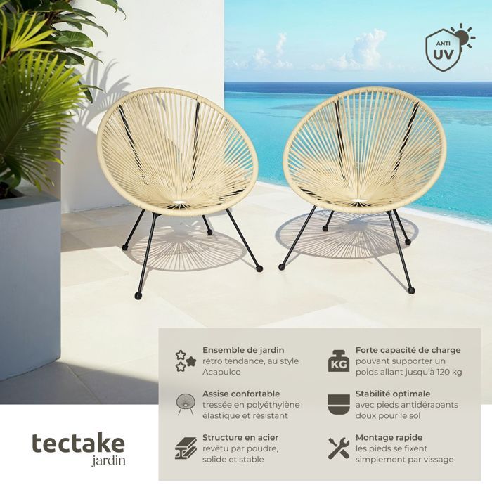 Sedie da giardino - TECTAKE - Set di 2 sedie da giardino SANTANA con corda elastica in polietilene, 70,5 x 69 x 78 cm - Beige