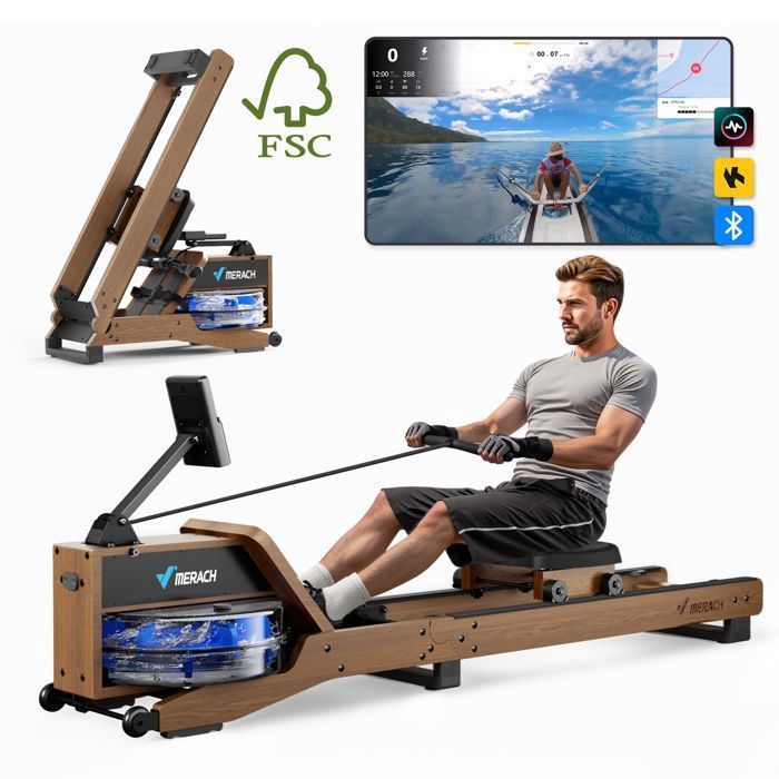 Rameur à eau pliable - MERACH - 15 L - 6 repères de remplissage - Connectivité APP - Ecran LCD - Max 150kg - Bois d'hévéa foncé