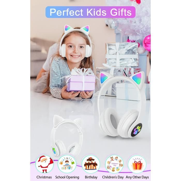 Fones de ouvido Bluetooth sem fio TECHTA para crianças, dobráveis em formato de gato com luzes LED piscantes, Bluetooth 5.0 com microfone.