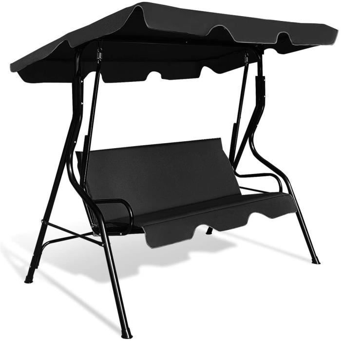 Columpio de jardín GOPLUS de 3 plazas, 170x110x153 cm, con toldo ajustable, tejido de poliéster/estructura de acero, negro.