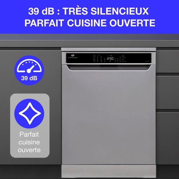 Lave-vaisselle pose libre CONTINENTAL EDISON - 15 couverts - Largeur 59,8 cm - Classe D - moteur induction - 39 dB - Silver