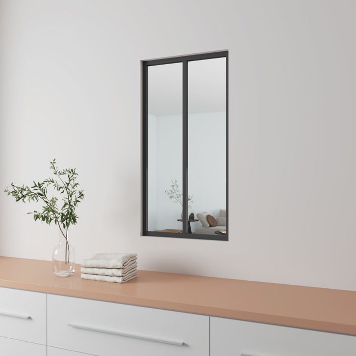 Mampara de cristal estilo taller AICA en aluminio negro mate de 63x108 cm - Cristal templado de 4 mm - 2 paneles - Mampara de cristal fija y kit de acristalamiento