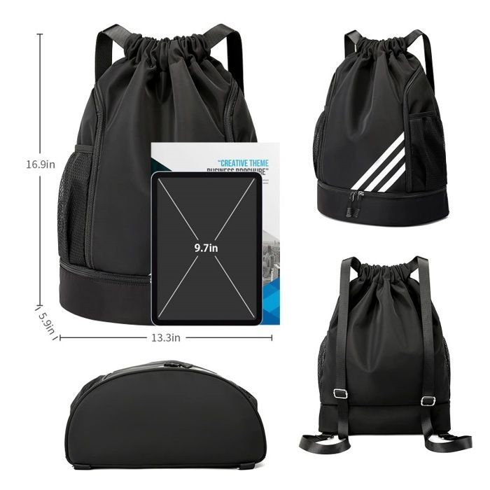 Wasserdichter Sportrucksack mit Kordelzugverschluss, Schuhfach und Netztaschen für Wasserflaschen