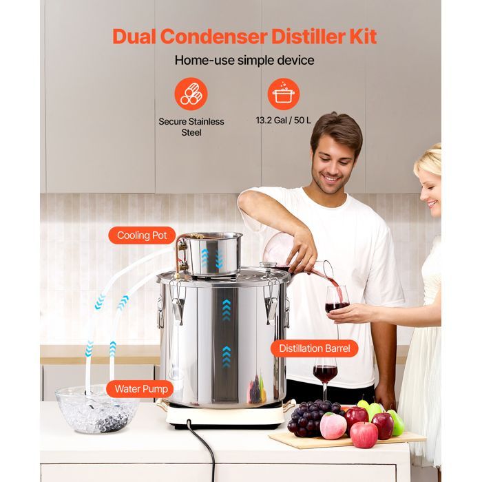 Kit de destilación Duoku de 13,2 galones - Destilador de agua y alcohol de acero inoxidable - Kit para elaborar vino y whisky en casa
