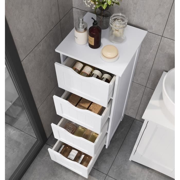 VASAGLE Meuble de Salle de Bain, 4 Tiroirs, 30 x 30 x 82 cm, Meuble bas commode SDB, Blanc