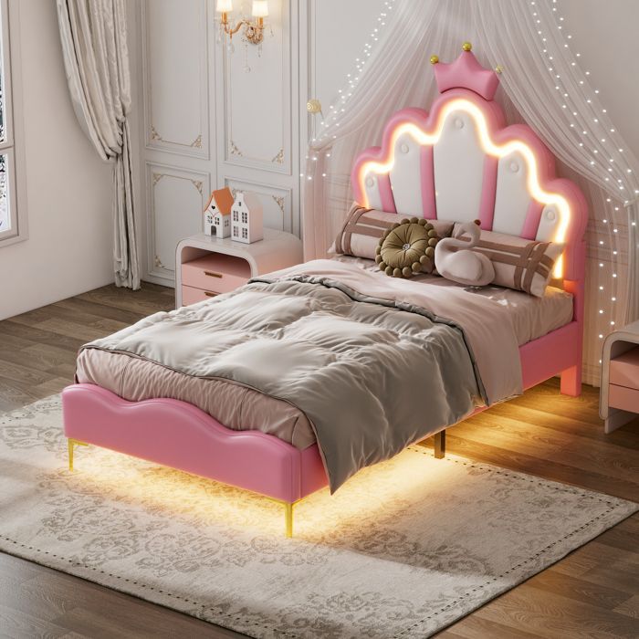 Cama infantil tapizada Crown - 90x200 cm - Iluminación LED multicolor integrada - Somier de láminas incluido