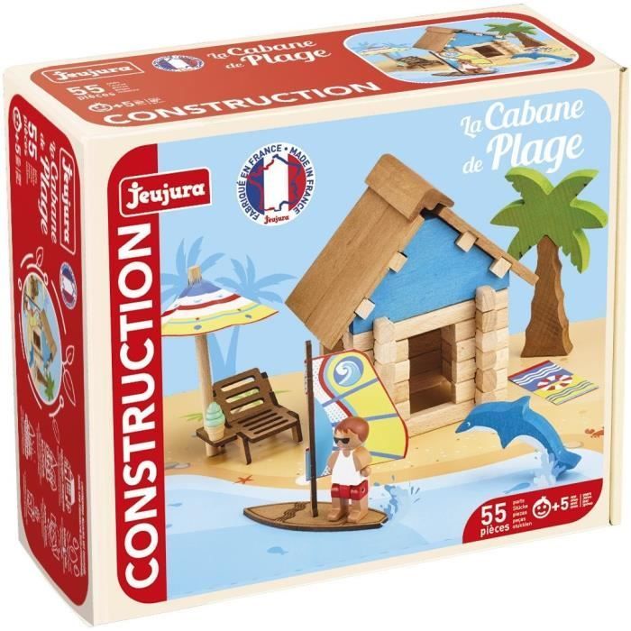 La Cabane de Plage 55 Pièces - JEUJURA - Jeu de Construction en Bois Naturel, Tapis et Accessoires Inclus, 22x18,5x8,5 cm