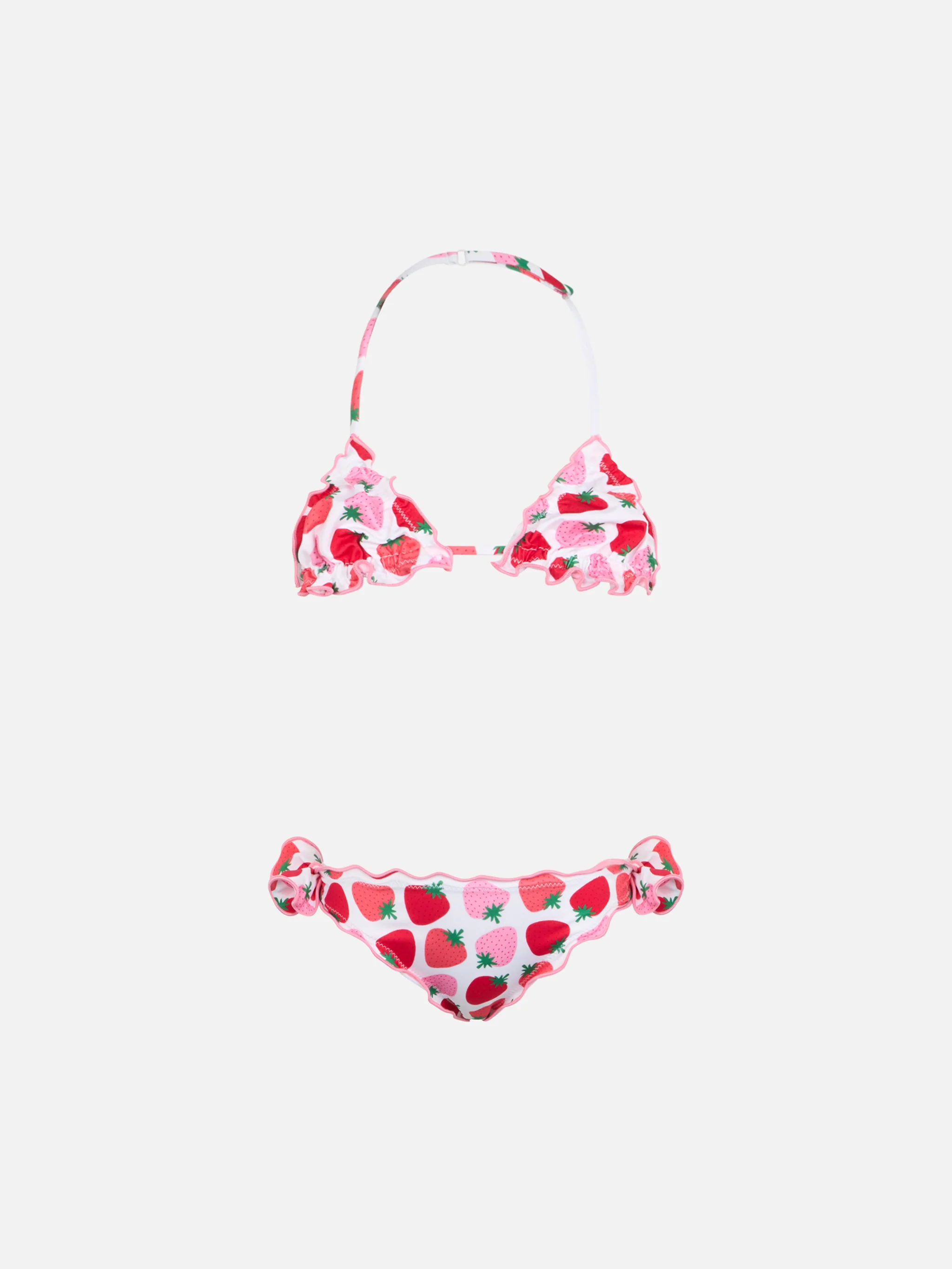 Bikini triangular clásico Cris para niñas con estampado de fresas