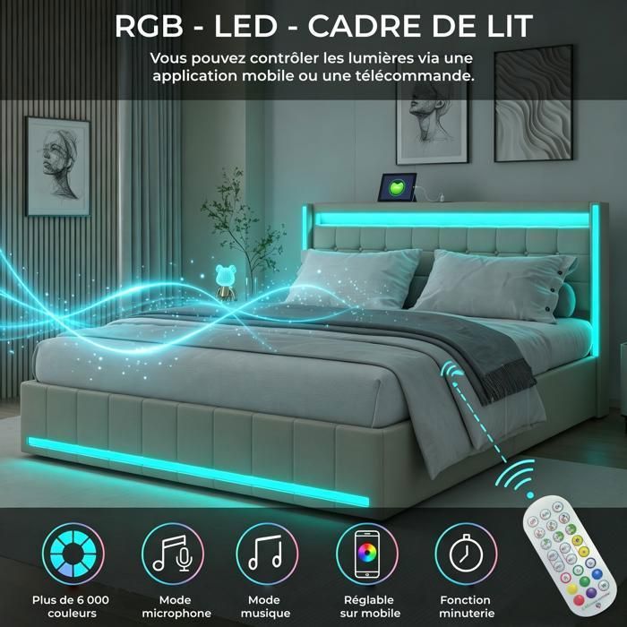 Lit double capitonné 160x200 cm avec 4 tiroirs, Lit adulte avec LED et chargement USB, Sommier à lattes, Tissu en lin, Beige