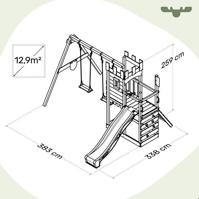 Torre de madeira FATMOOSE BoldBaron XXL com balanço duplo, escorregador verde-maçã de 220 cm e parede de escalada – 10 anos de garantia*