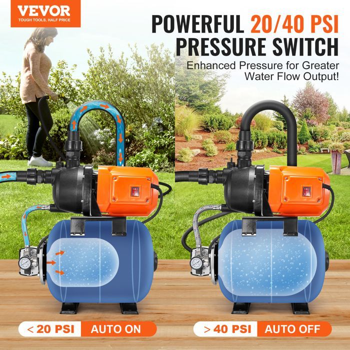 Groupe de Surpression-VEVOR-735 W-Pompe de Puits Peu Profonde avec Réservoir sous Pression 19 L, 3700 L/h-pour Pelouse, Jardin