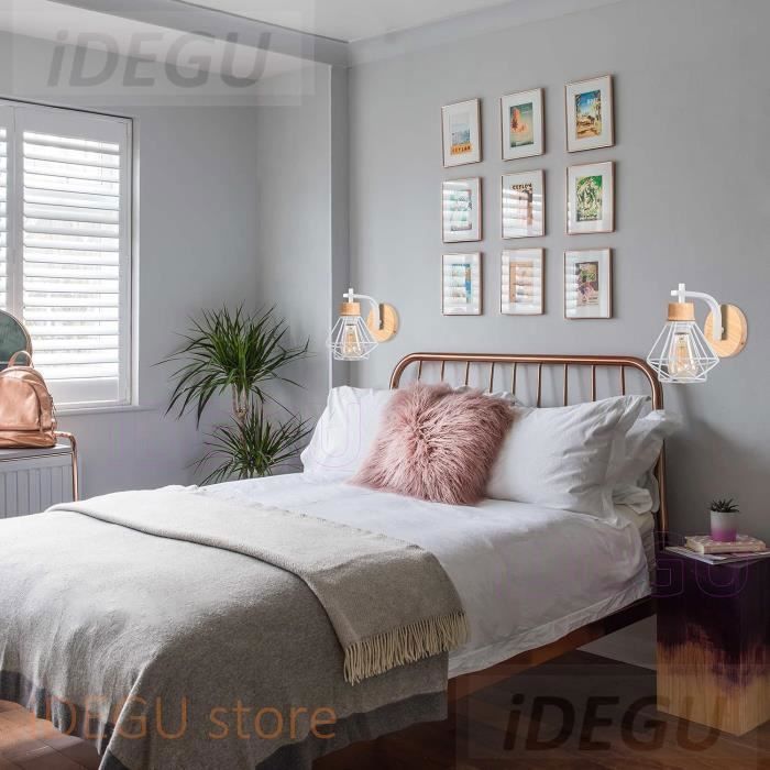 IDEGU 2 stuks vintage kooiwandlampen, wit, 16 cm, industriële wandlamp van ijzer en hout, retro E27-fitting