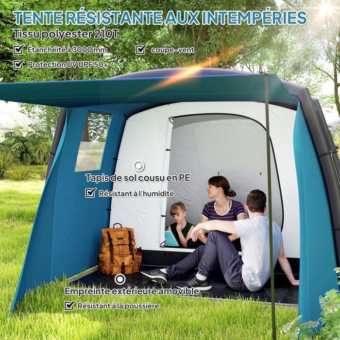 Inflatable Camping Tent - Outsunny - Tunnel - 3-6 Person - Bedroom, Living Room, Porch - 420 x 200 x 150 cm - Blue