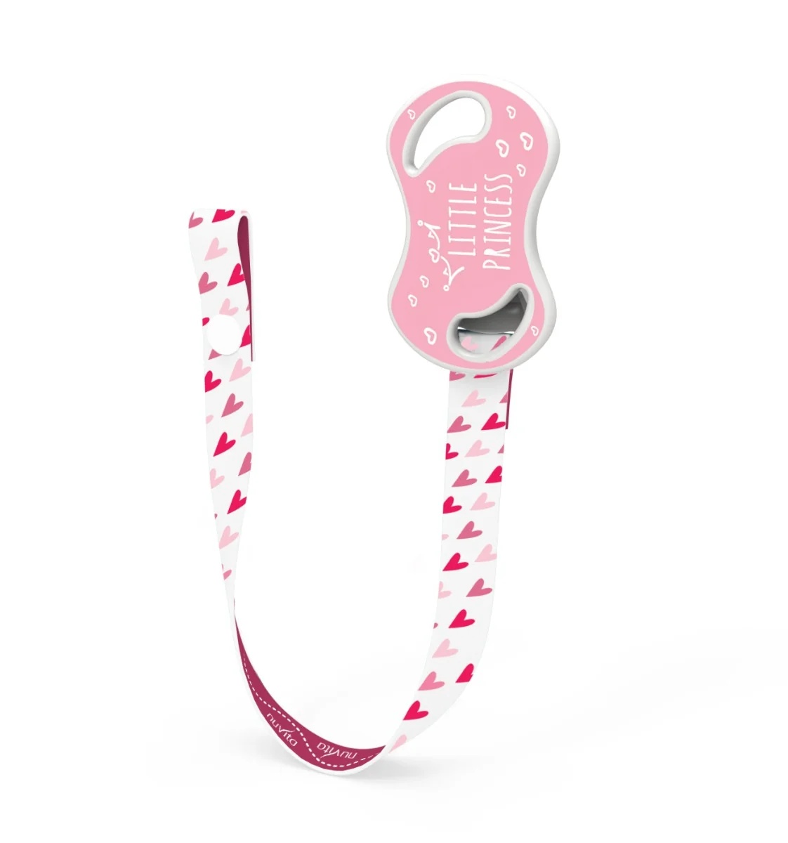 Porta-chupetas Nuvita com fecho rosa para diversos tipos de chupetas.