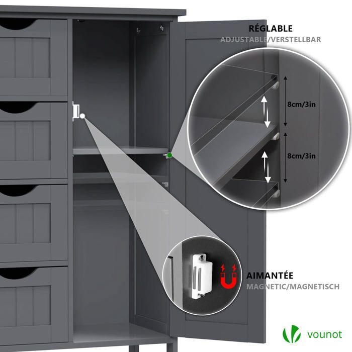 VOUNOT® Meuble bas de salle de bain 55x30x82cm - Armoire de rangement avec 4 tiroirs, 1 porte, 1 étagère réglable - Gris