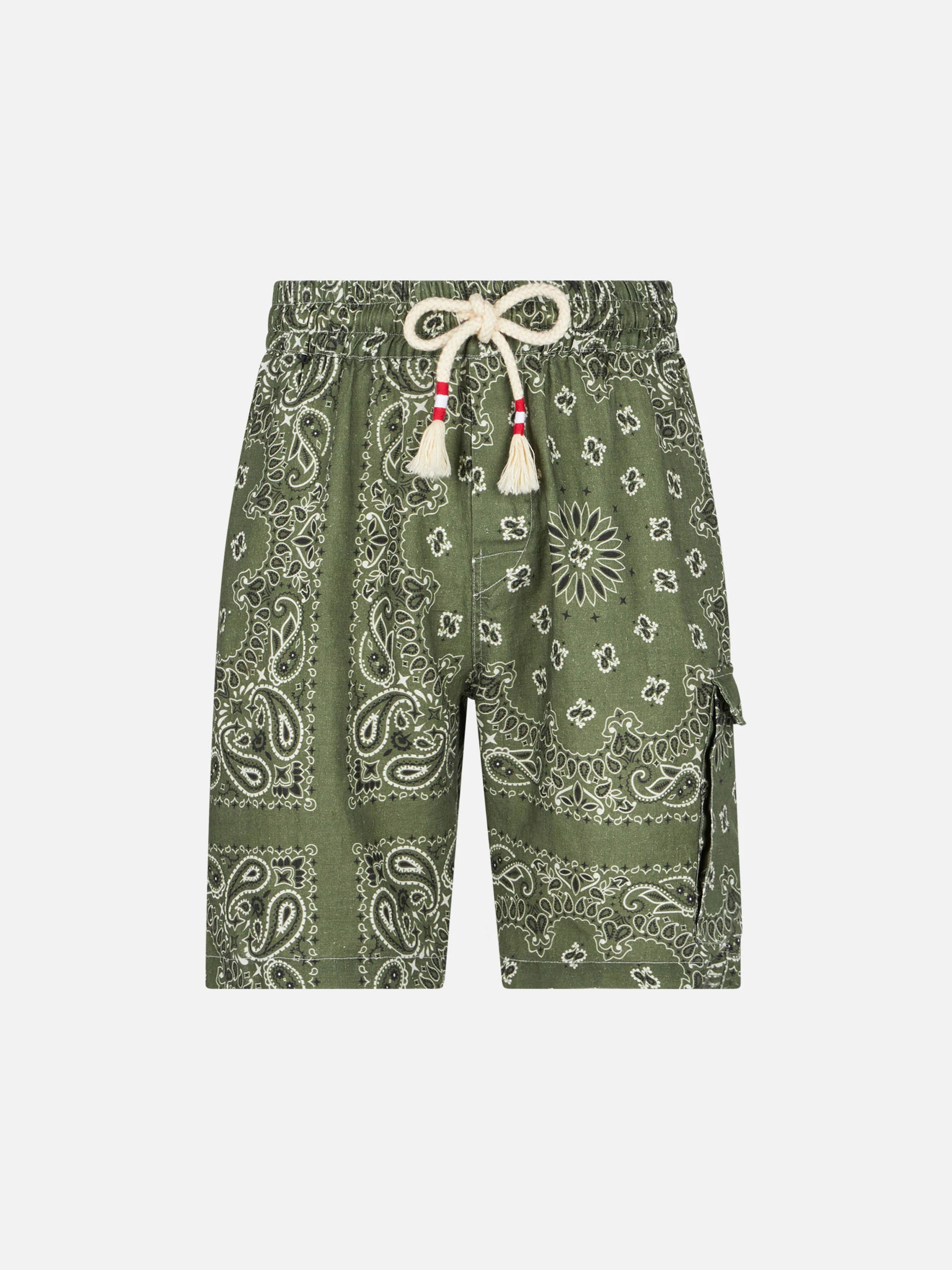 Militairgroene linnen herenshorts met bandana-print