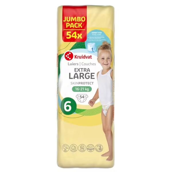 Kruidvat 6 ekstra velikih plenic, jumbo pakiranje, velikost 6 (15-20 kg), 54 kosov