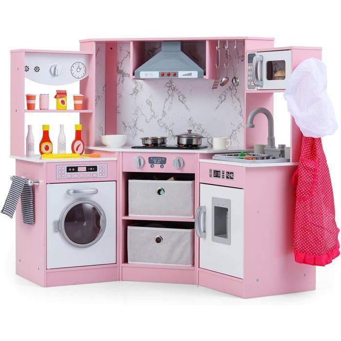 GOPLUS Cuisine d'angle pour Enfant en Bois avec Lumières et Sons Réalistes, Accessoires et Rangement, pour 3+ Ans (Rose)